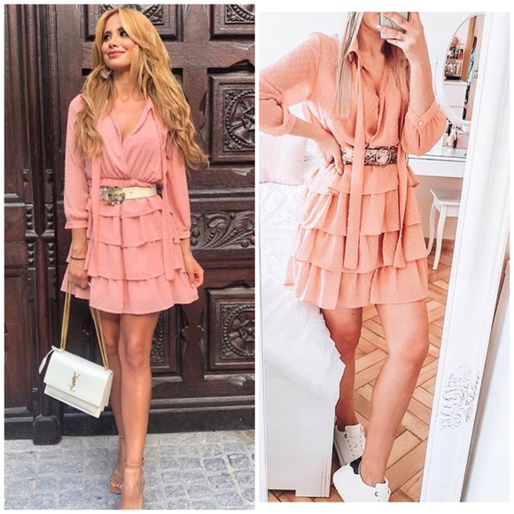 Zara Belted Dotted Mesh Tiered Dress Peach Pink S - Picture 1 of 15